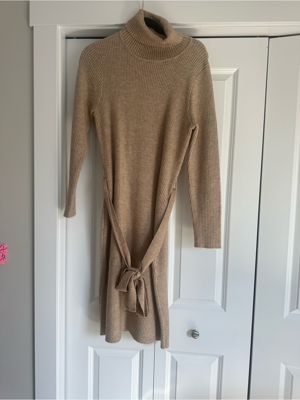 Beige Ribbed Knee Length Turtleneck Sweater Dress with Tie Waist